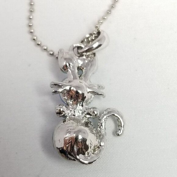 Vintage Blue Rhinestone Cat Pendant Necklace, Silver Tone Adjustable Chain - Picture 4 of 9